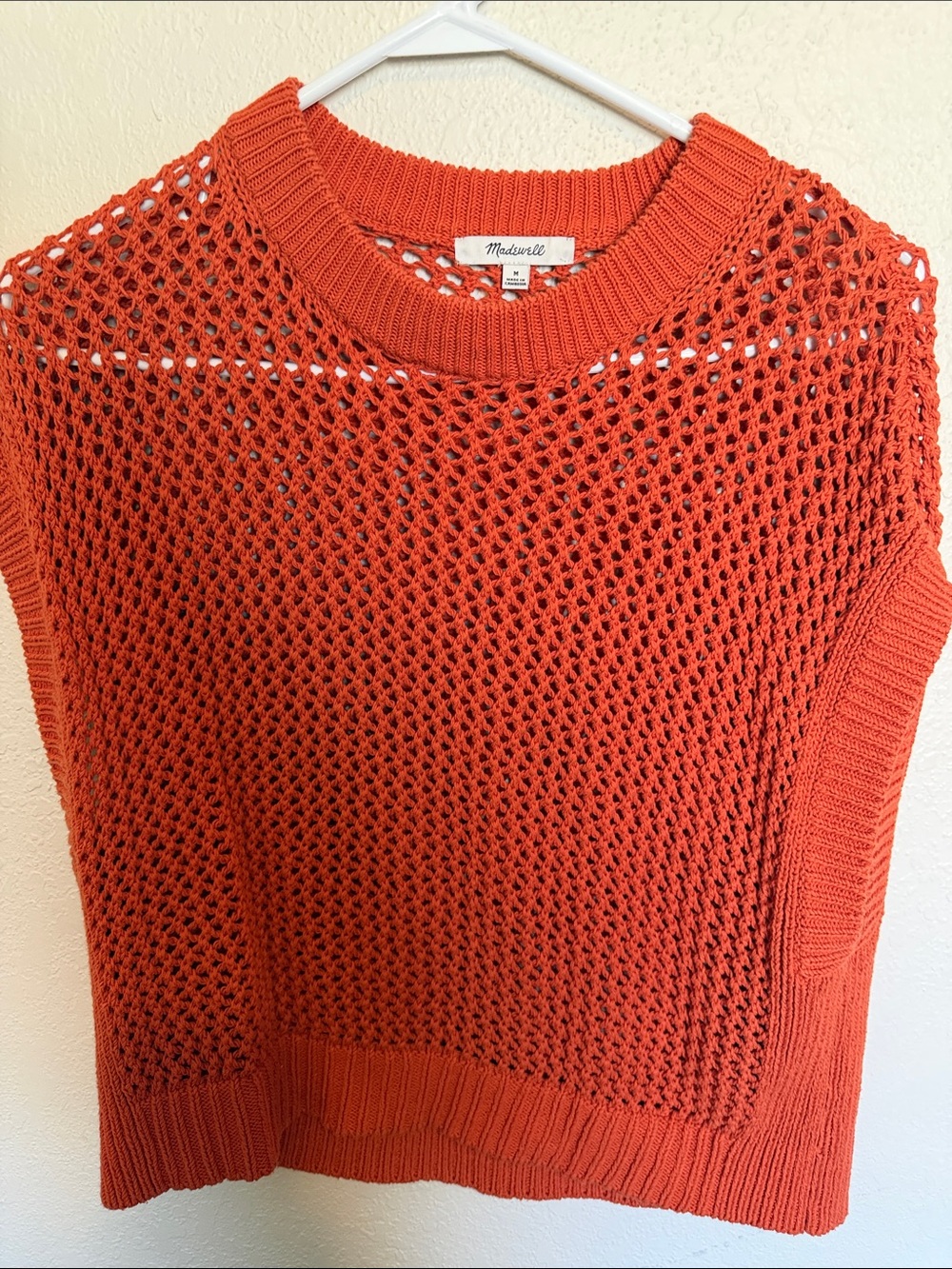Madewell Open-Weave Crewneck Sweater Vest in Rust Orange